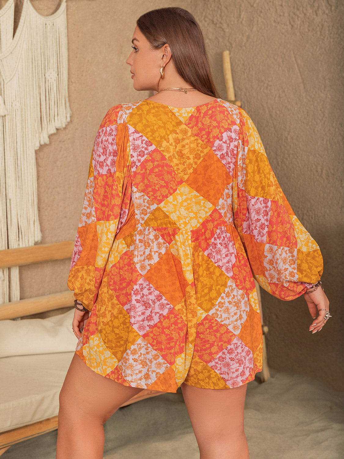 Floral Tie Neck Balloon Sleeve Romper –