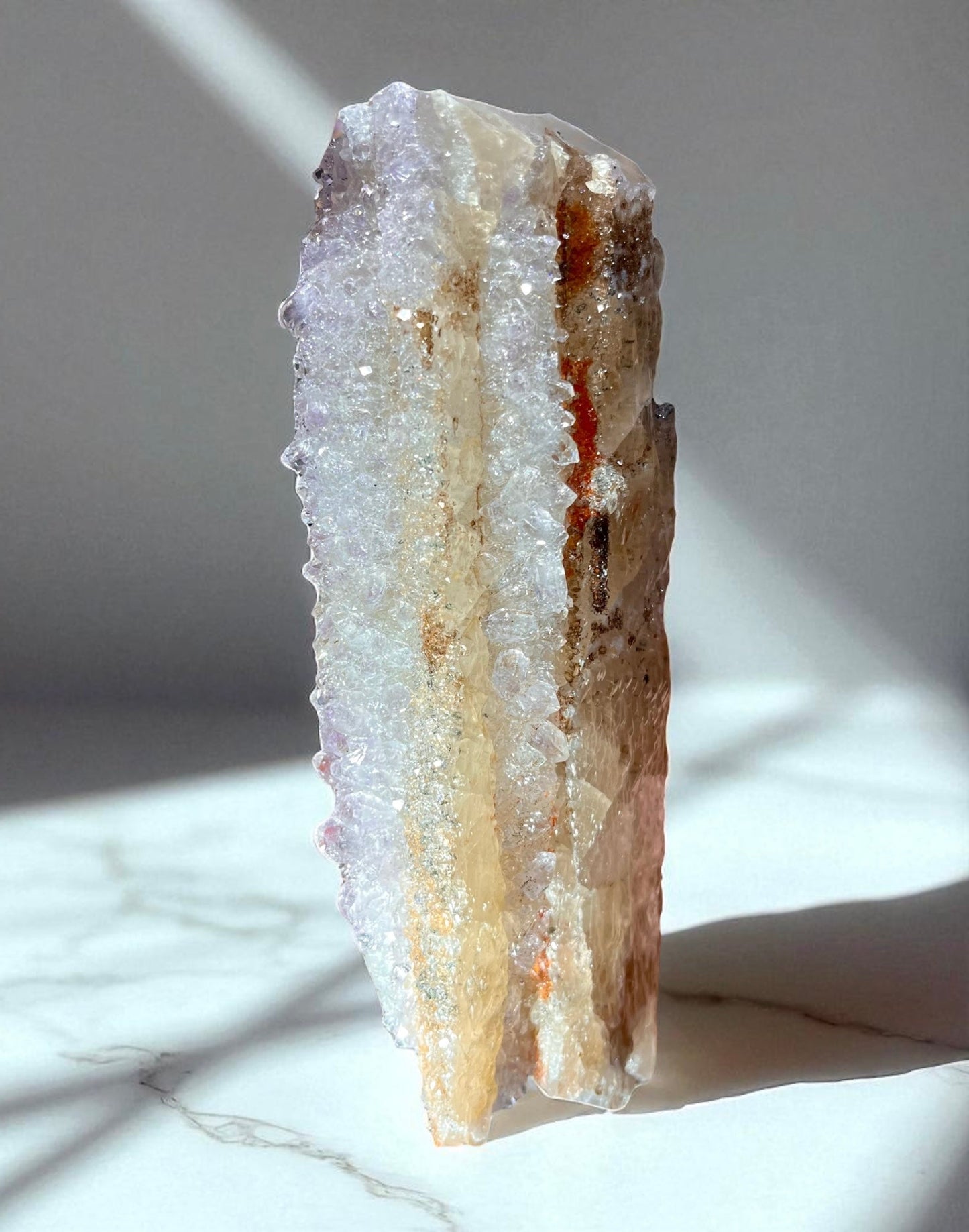 Calcite with Quartz Druse, Amethyst & Orange Iron-Oxide Veins –