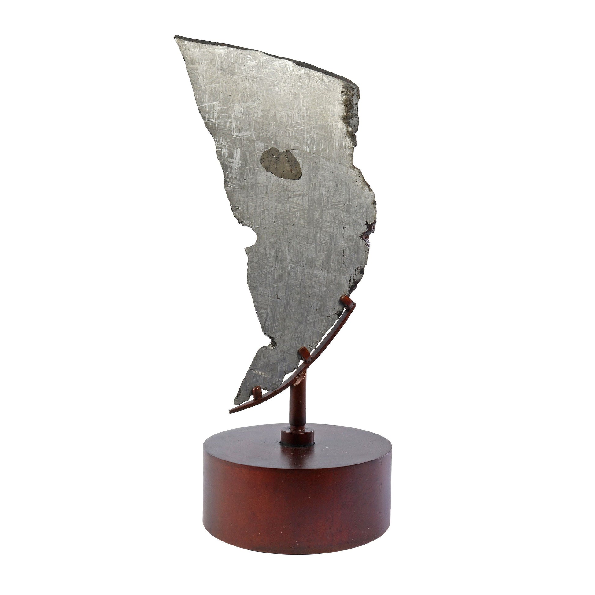 Muonionalusta Meteorite Slice with Troilite Inclusion on Steel Spinner Stand –