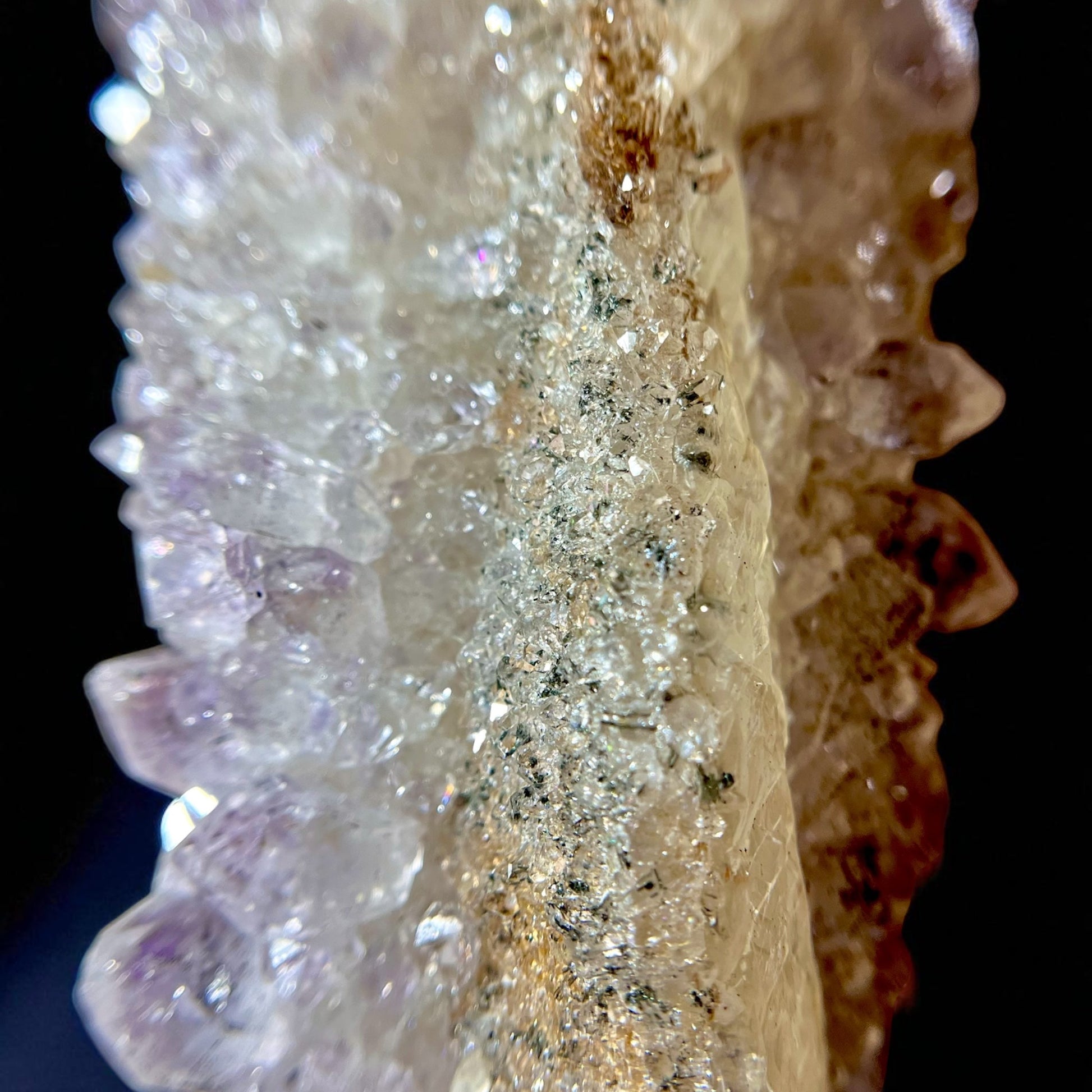Calcite with Quartz Druse, Amethyst & Orange Iron-Oxide Veins –