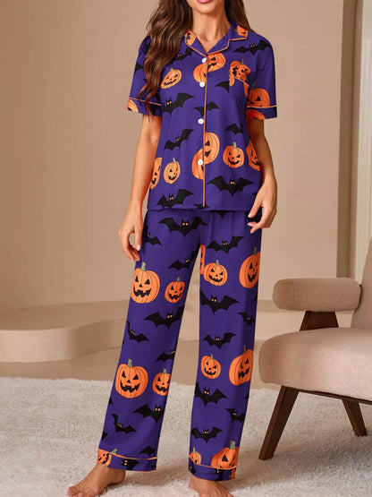 Halloween Pumpkin & Bat Print Button-Down Lounge Set