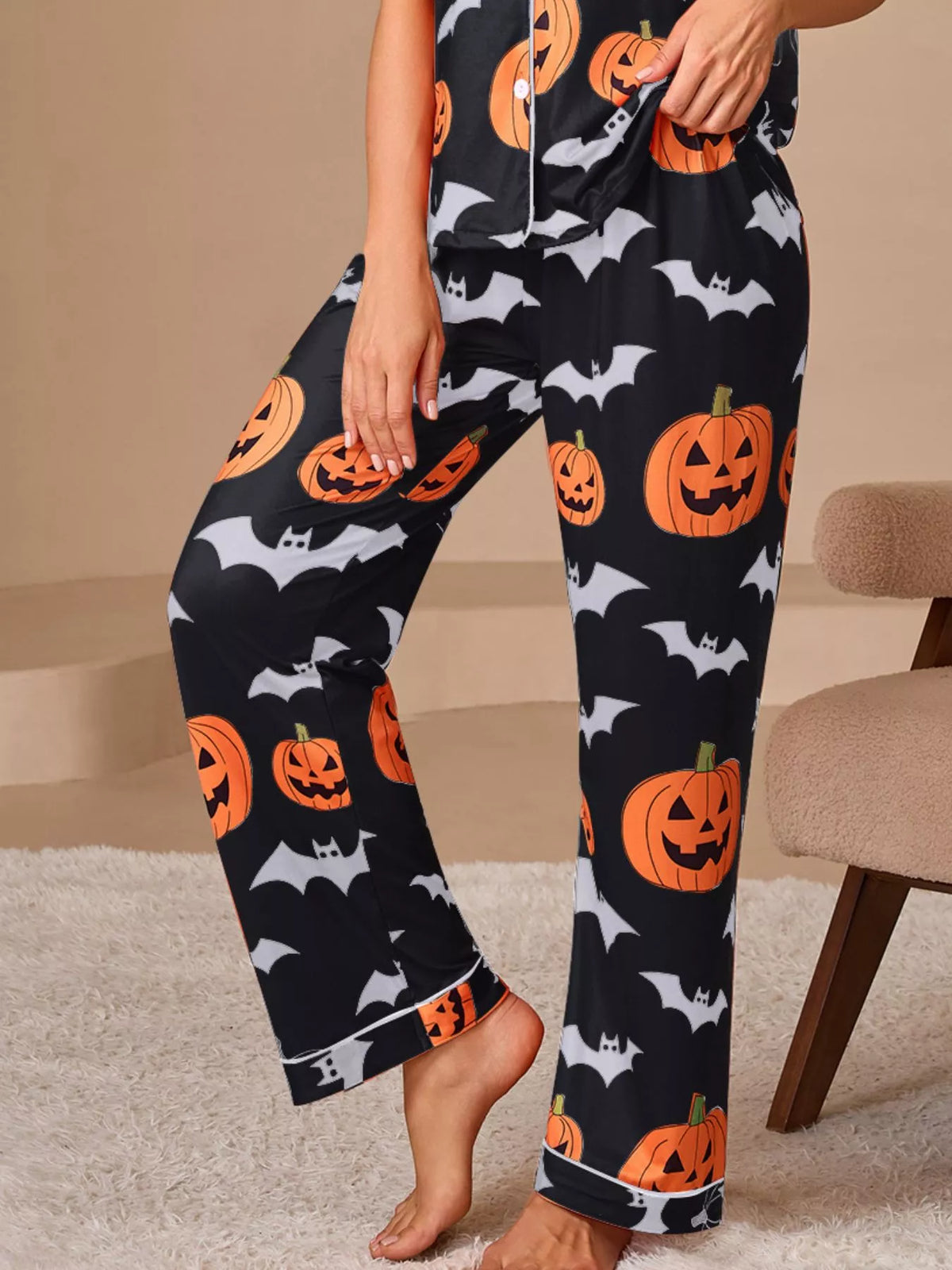 Halloween Pumpkin & Bat Print Button-Down Lounge Set