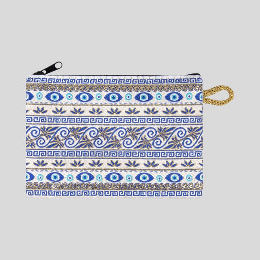 Floral Striped Evil Eye with Golden Accents Design Woven Zipper Coin Purse