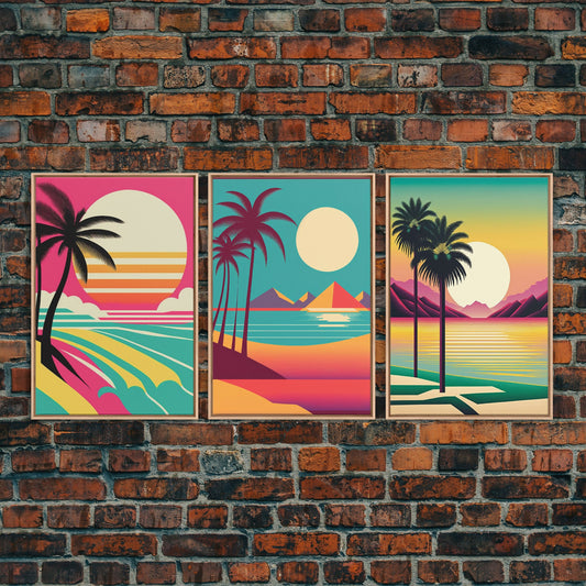 Beautiful Turquoise Retro Style Beach Art, Triptych 3 Panel Framed Canvas Prints, Palm Trees and Sunset, 80s Vibes Vaporwave Art Deco Mashup – Light Oak Frame