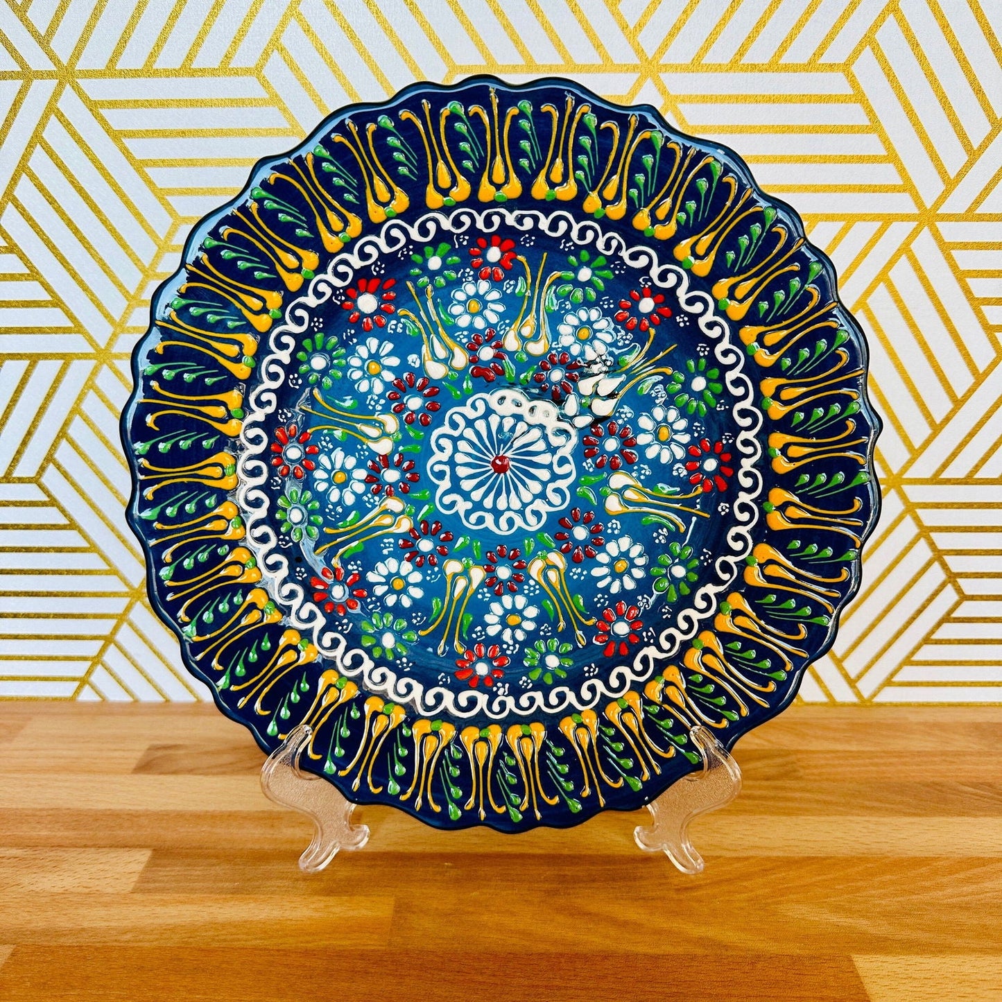 10” Turkish Ceramic Handmade & Painted Plate - Blue, Green, Yellow Dot Art Floral Tulip Patterned - Wall Hanging or Stand Use –