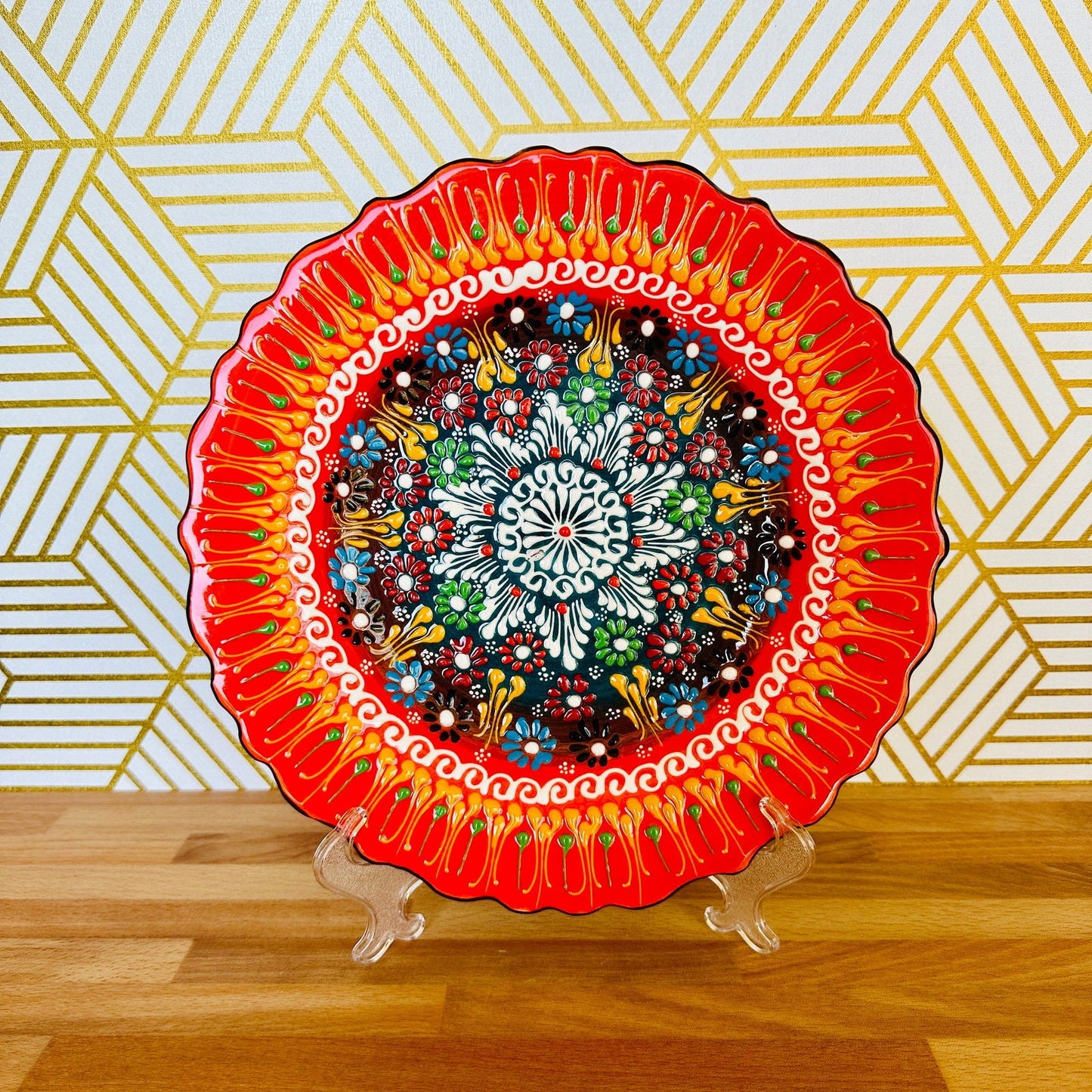 10” Turkish Ceramic Handmade & Painted Plate - Bright Orange Fire Dot Art Floral Tulip Patterned - Wall Hanging or Stand Use