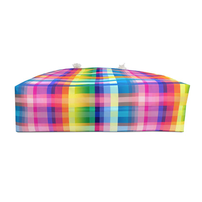 Bespattered Facade Rainbow Plaid Weekend Beach Tote Bag with Cotton Rope Handles