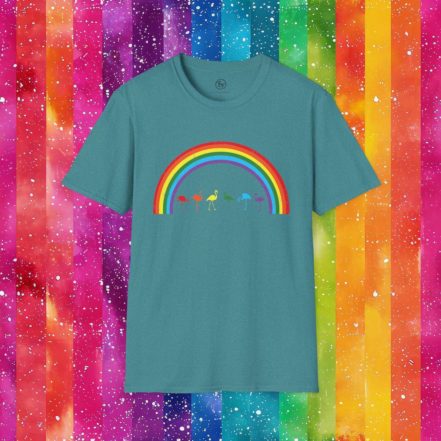 Bespattered Facade Rainbow Flamingos Unisex Softstyle T-Shirt