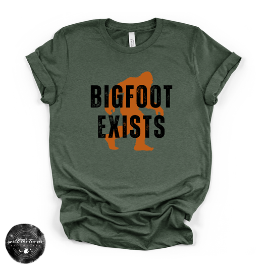 Bigfoot Exists Tee | Funny Cryptid Graphic T-Shirt (BLACK DESIGN) – Forest Green