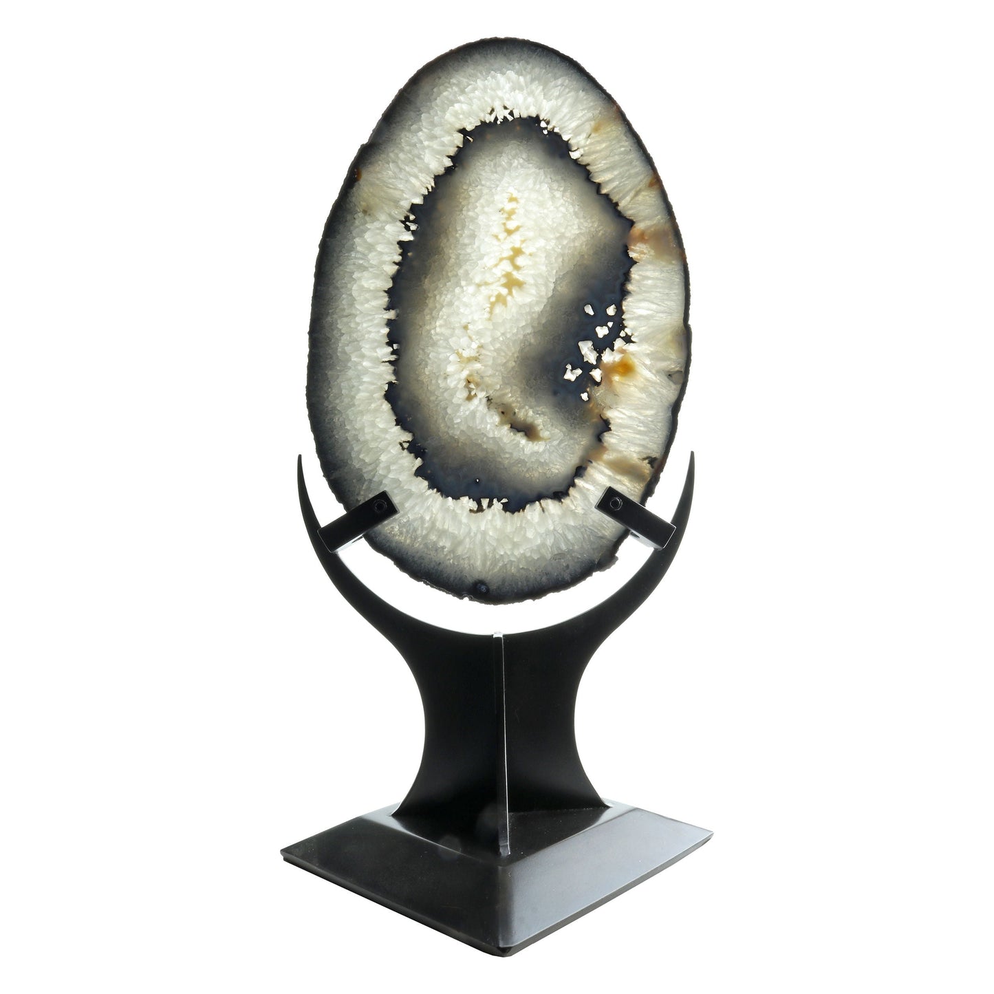 Agate Slice with Dark Blue Bands & Natural Egg Shape - Double-Sided Polish in Custom Crescent Stand –