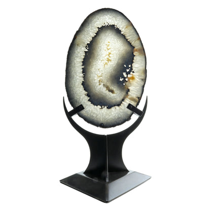 Agate Slice with Dark Blue Bands & Natural Egg Shape - Double-Sided Polish in Custom Crescent Stand –
