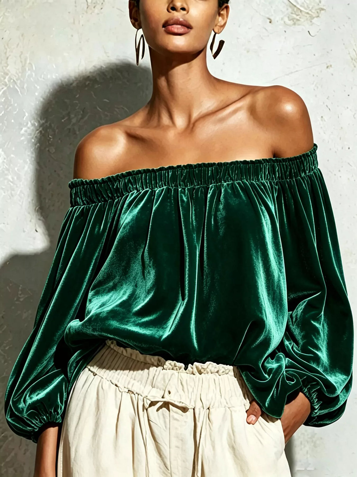 Off-Shoulder Velvet Long Sleeve Top