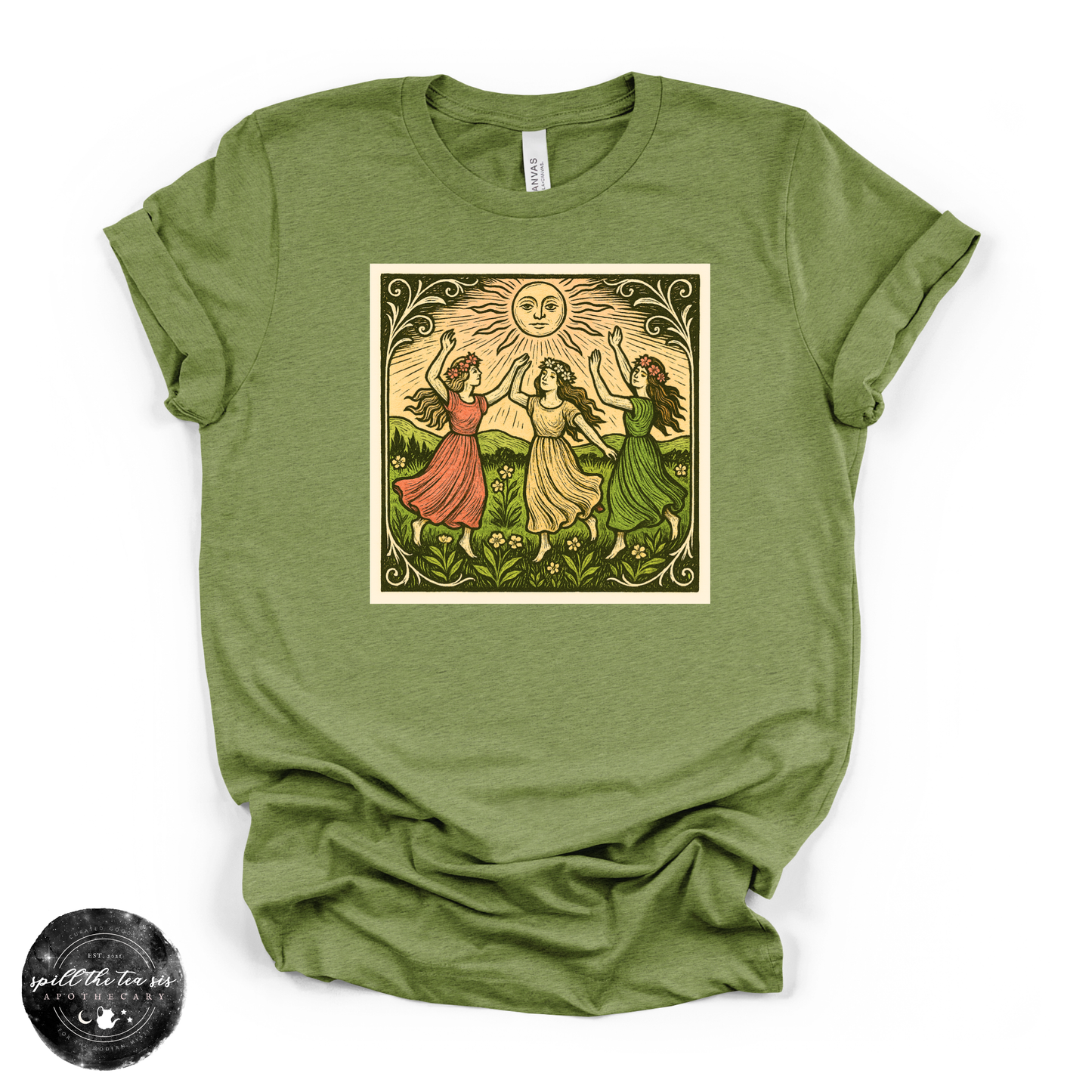 Dancing Around the Sun Tee | Mystical Moon Graphic T-Shirt – Heather Green