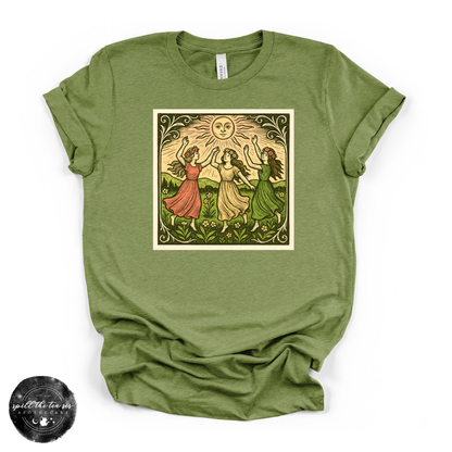 Dancing Around the Sun Tee | Mystical Moon Graphic T-Shirt – Heather Green