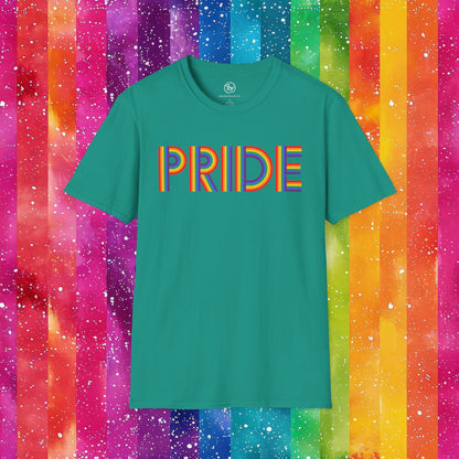 Bespattered Facade Rainbow Pride Ribbon Letters Unisex Softstyle T-Shirt