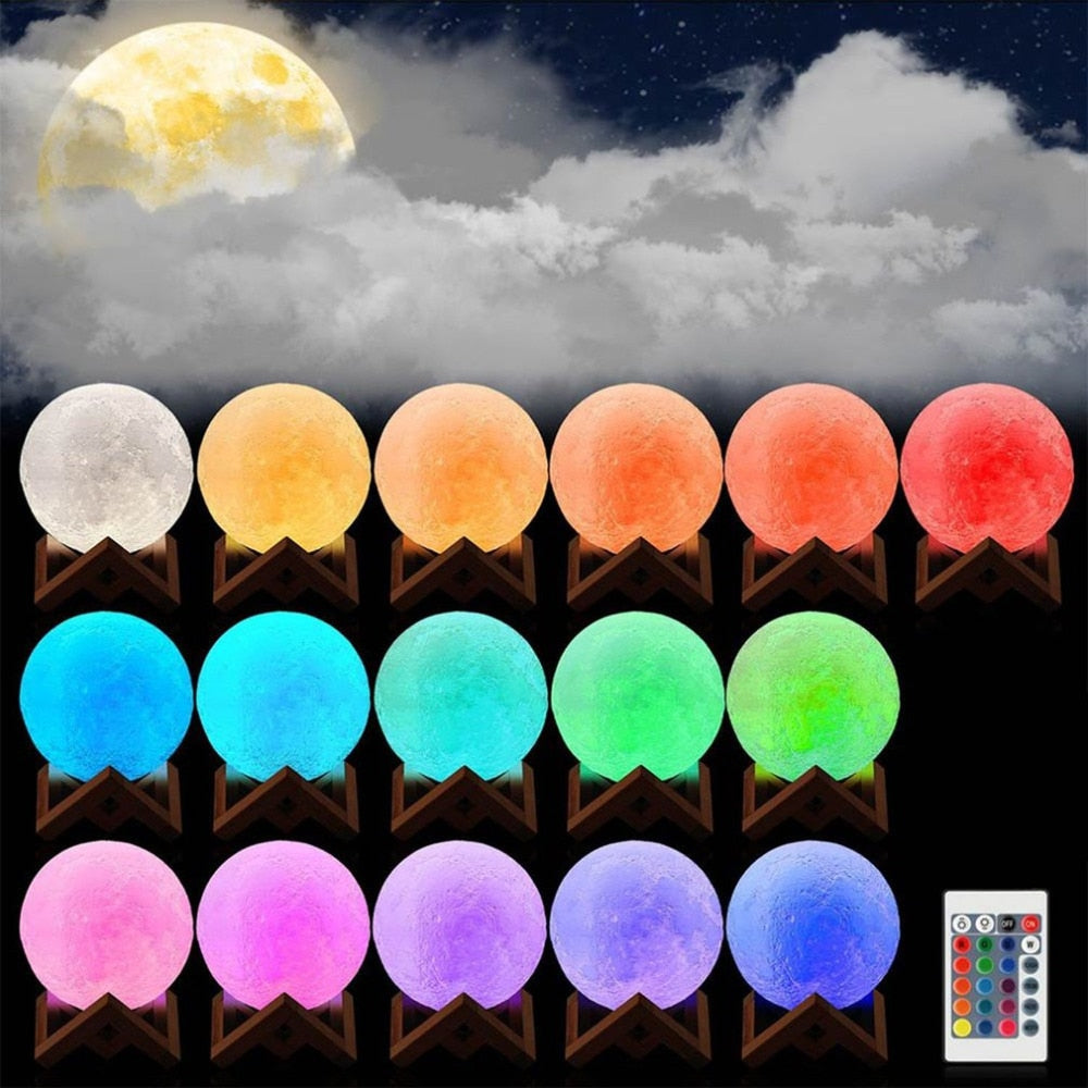 3D Moon Lamp with Wooden Base | 16 Colors & Rechargeable