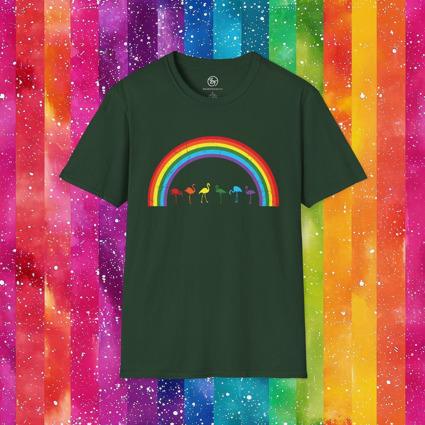 Bespattered Facade Rainbow Flamingos Unisex Softstyle T-Shirt
