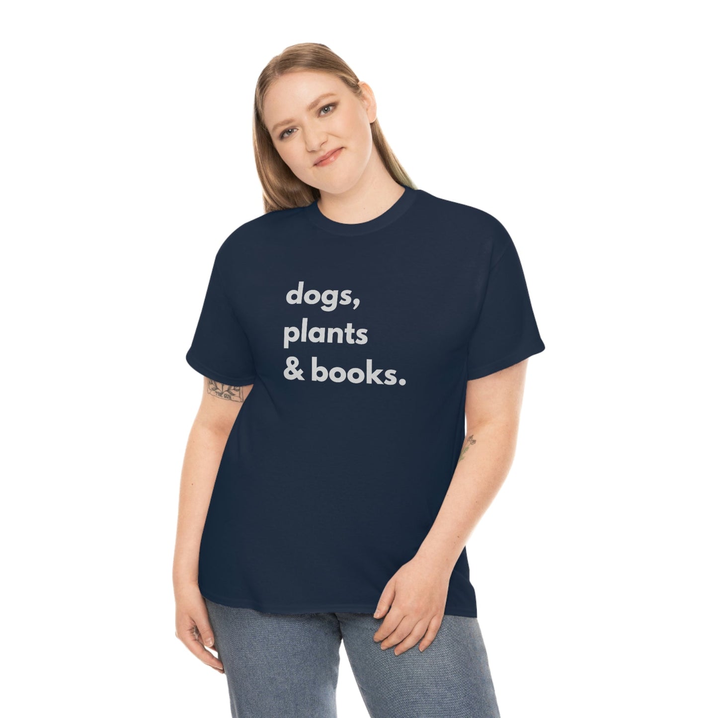 Dog plants and books shirt. Unisex Heavy Cotton tshirt for book lover, dog lover and plant lover