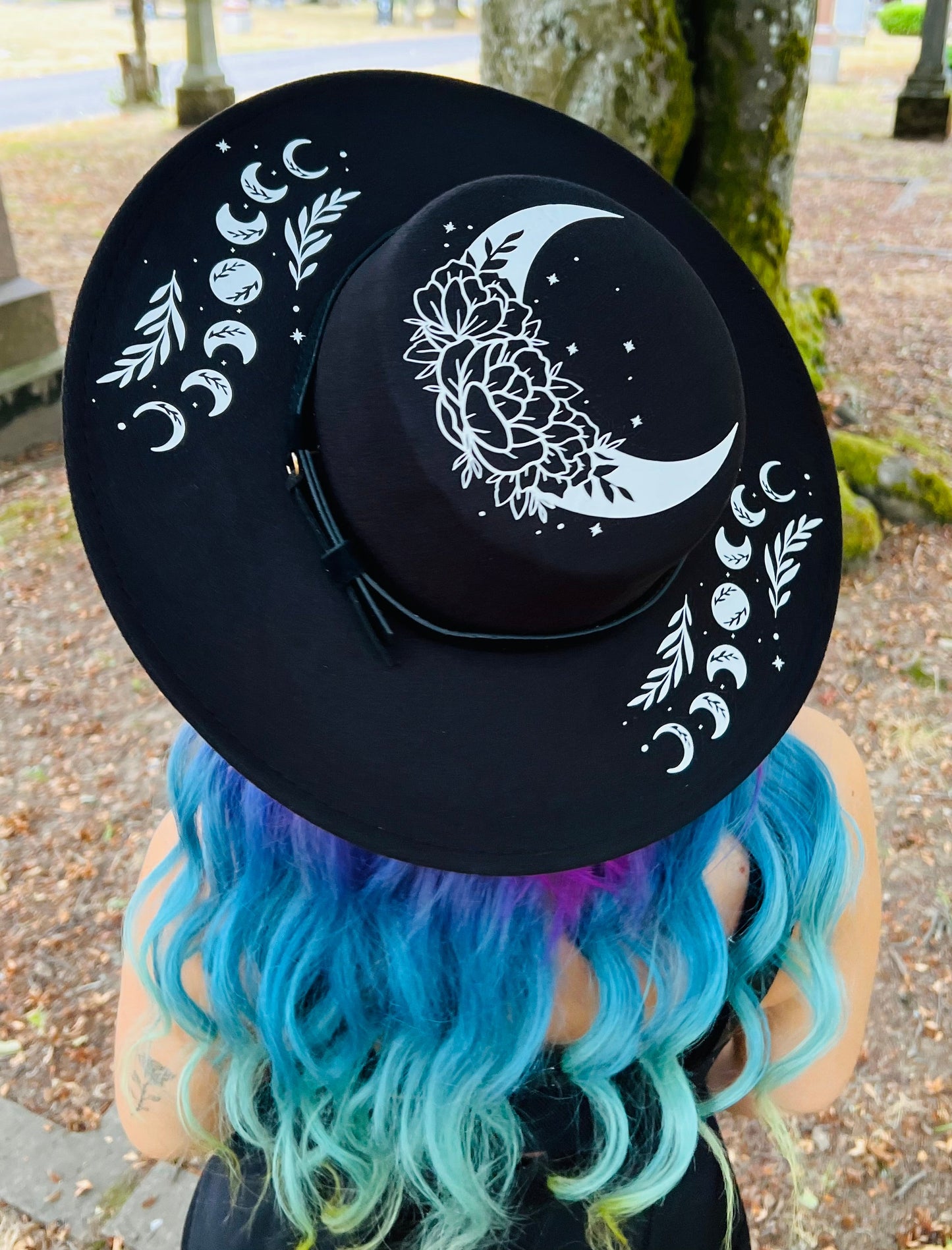 Vegan Felt Wide Brim Hat - Flat Top XL Brim - "Floral moon"