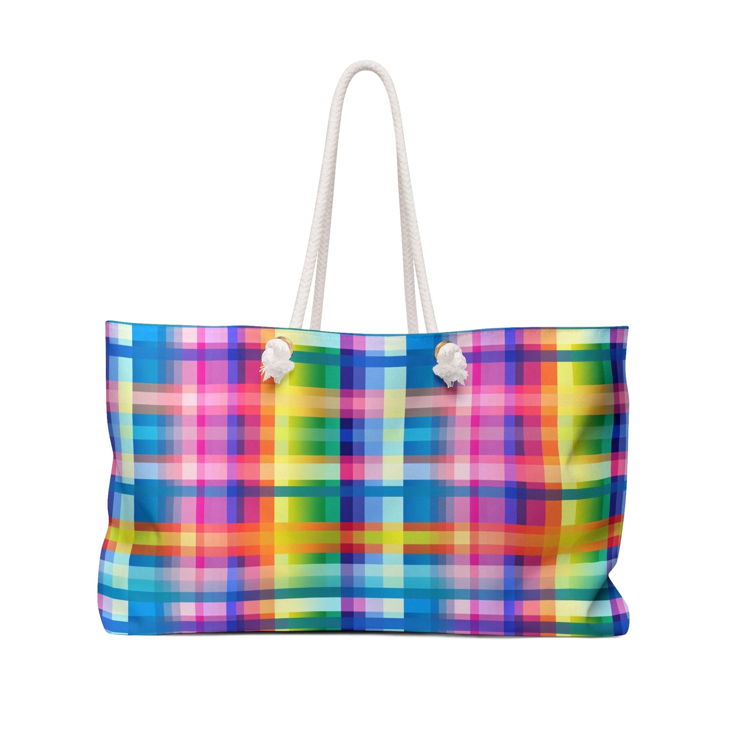 Bespattered Facade Rainbow Plaid Weekend Beach Tote Bag with Cotton Rope Handles