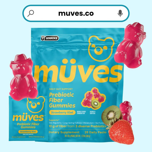 Müves by Grüns Low Sugar Prebiotic Fiber Gummies – 28 Packs, Strawberry Kiwi