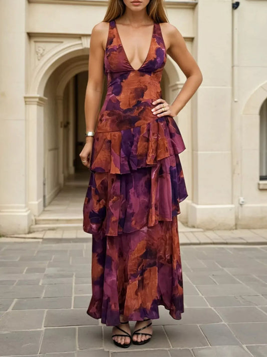 Deep Purple Floral V-Neck Tiered Backless Maxi Dress