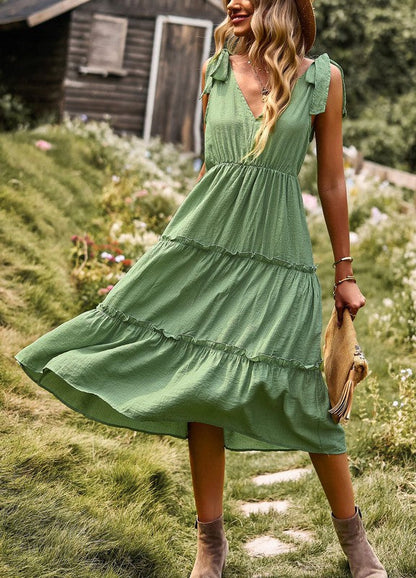 Tiered V neck dress with ties