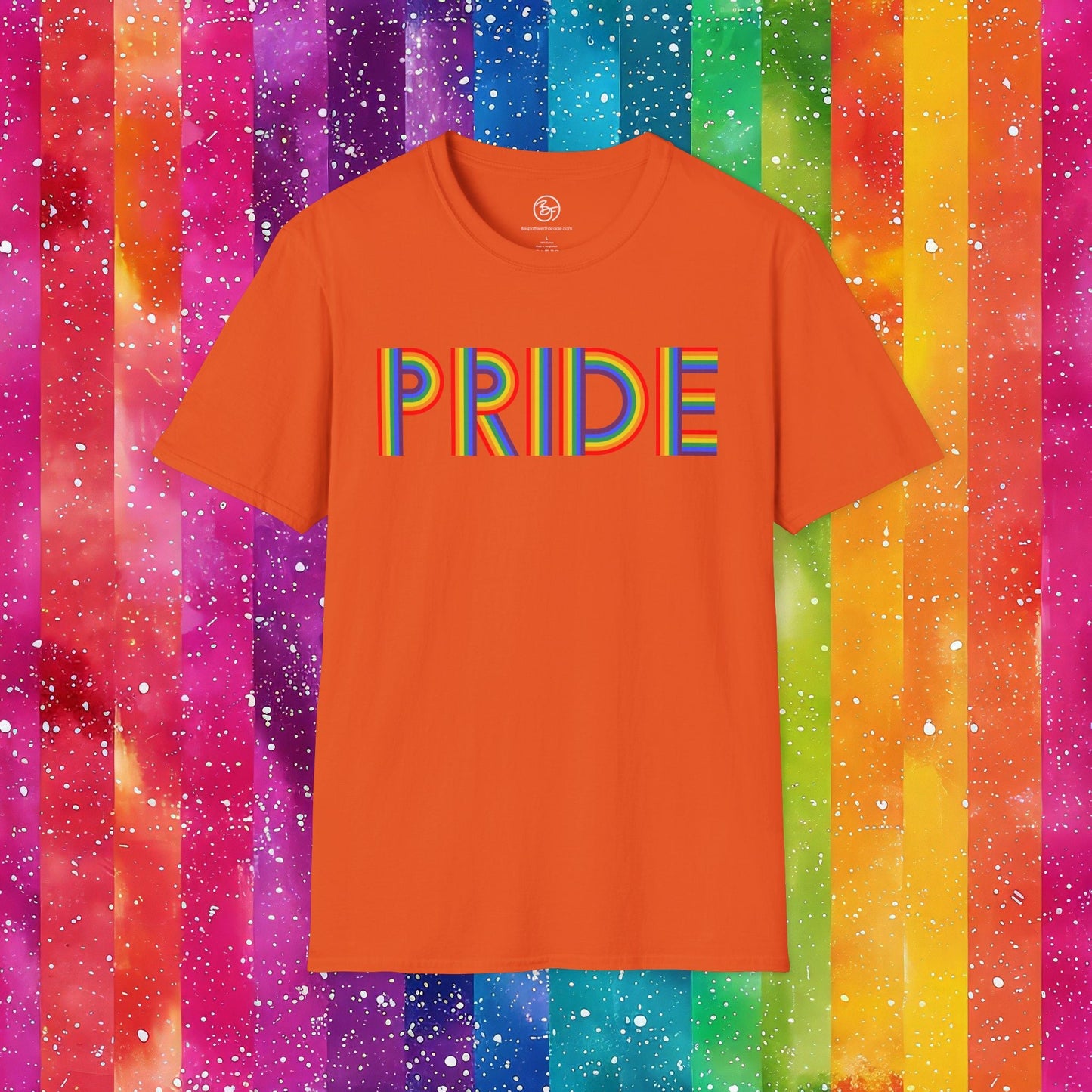 Bespattered Facade Rainbow Pride Ribbon Letters Unisex Softstyle T-Shirt