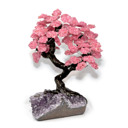 Rose Quartz Tree on Amethyst Base with Polished Stalactite Eye & Clay Polymer Trunk – Home Decor > Sculptures