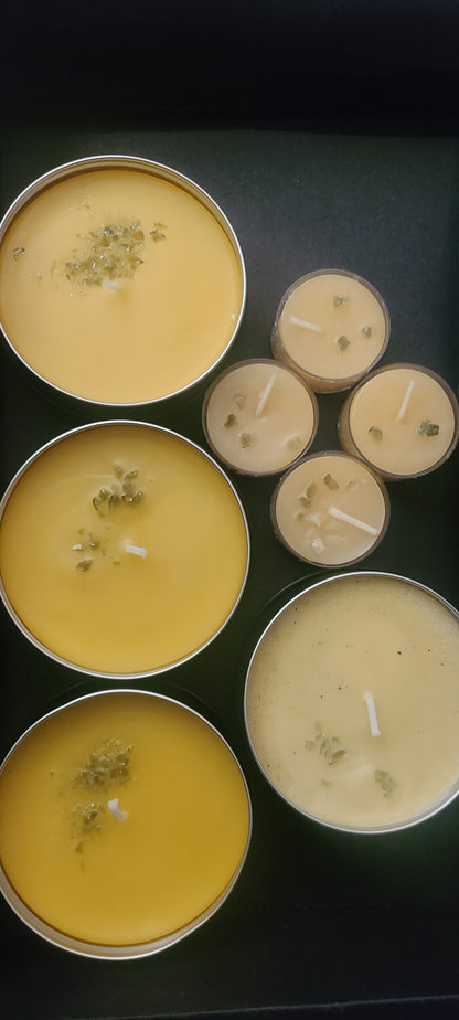 Pure Beeswax Tealight Candles with Moldavite Chips – Four Tealights Gemstone Candle