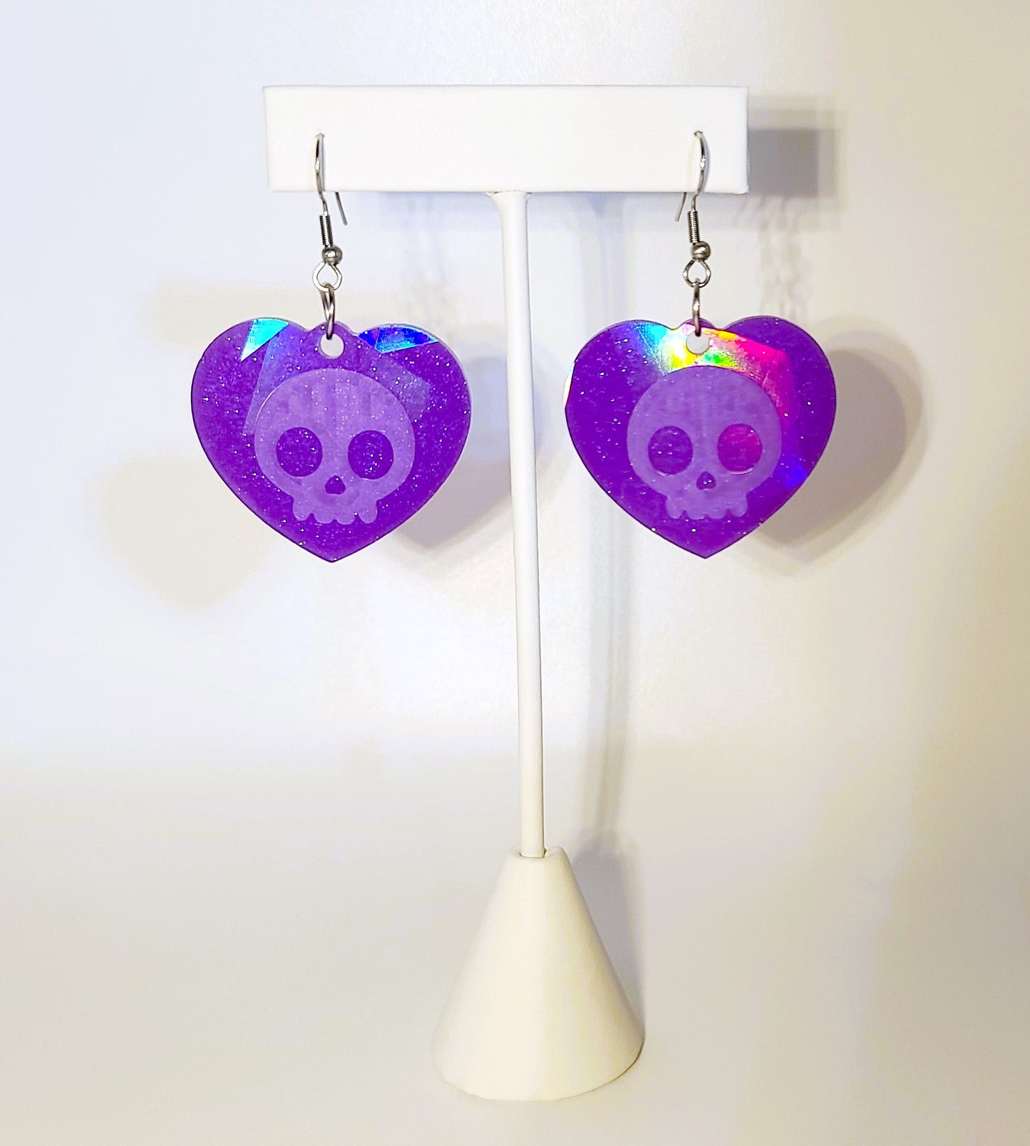 Holographic Skull Heart Shaped Earrings