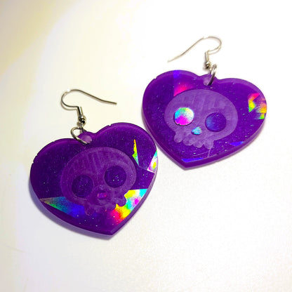 Holographic Skull Heart Shaped Earrings