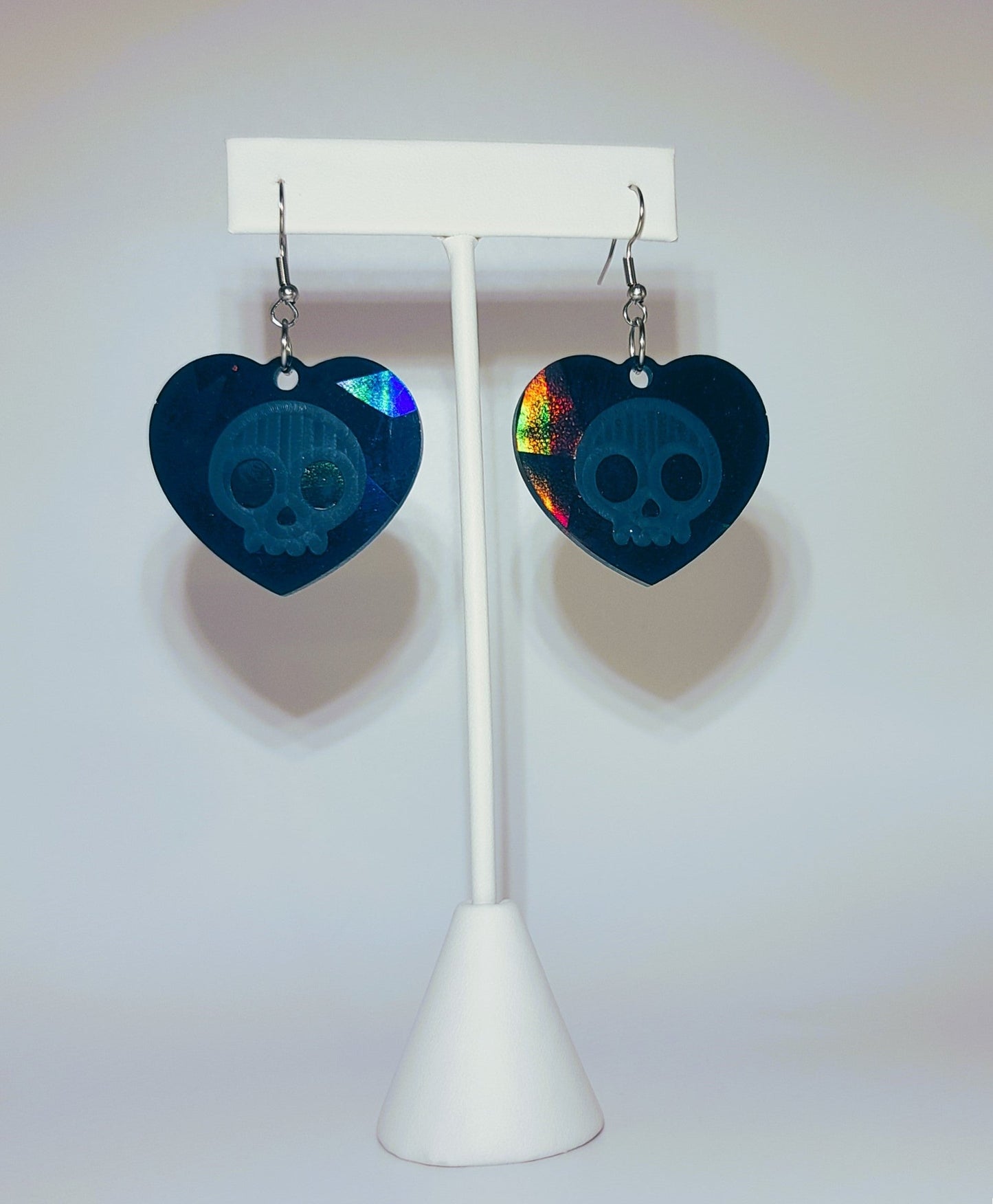 Holographic Skull Heart Shaped Earrings