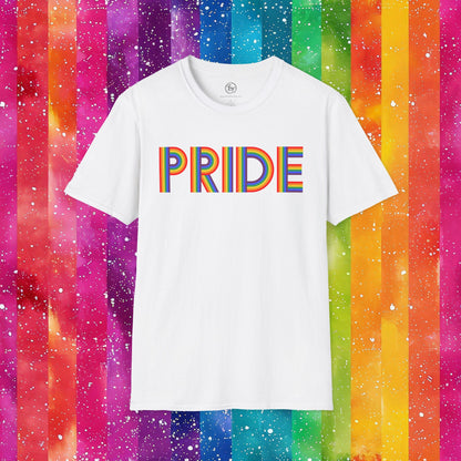 Bespattered Facade Rainbow Pride Ribbon Letters Unisex Softstyle T-Shirt