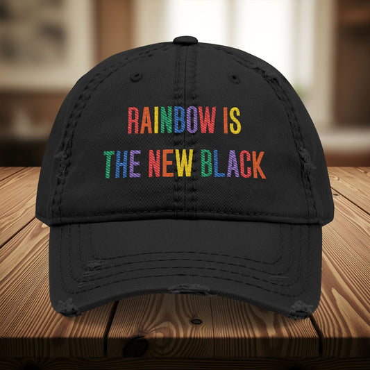 Bespattered Facade "Rainbow Is the New Black" Colorful Embroidered Distressed Dad Hat
