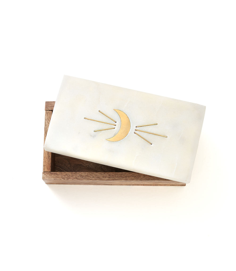 Indukala Crescent Moon Treasure Box - Wood, Marble, Brass – Boxes
