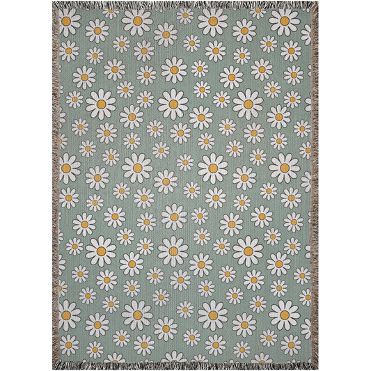 Daisy Flowers Woven Blanket. Sage Blanket With White Flowers. Floral Woven Blanket. Groovy Flowers Blanket