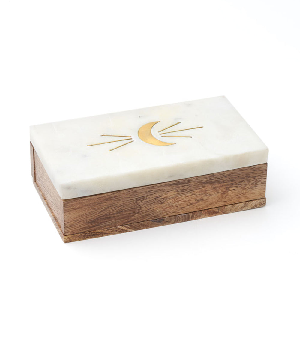 Indukala Crescent Moon Treasure Box - Wood, Marble, Brass – Boxes
