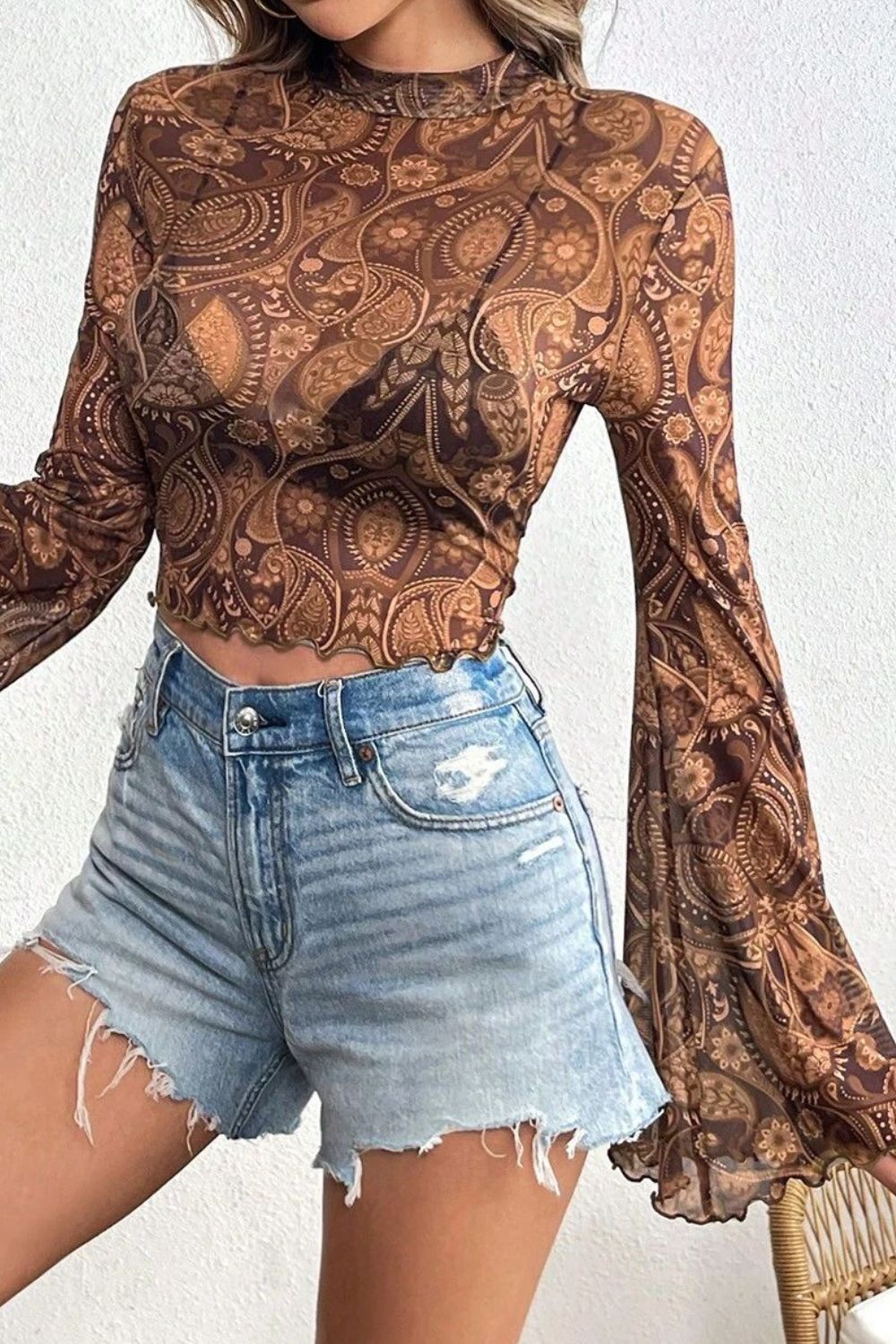 Printed Mock Neck Flare Sleeve Top – Brown