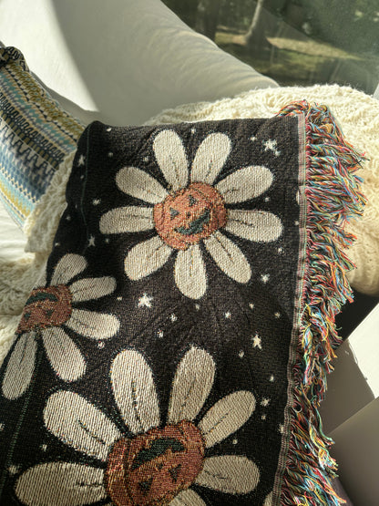 Daisy and pumpkins jack o lanters cotton woven blanket 50x60”