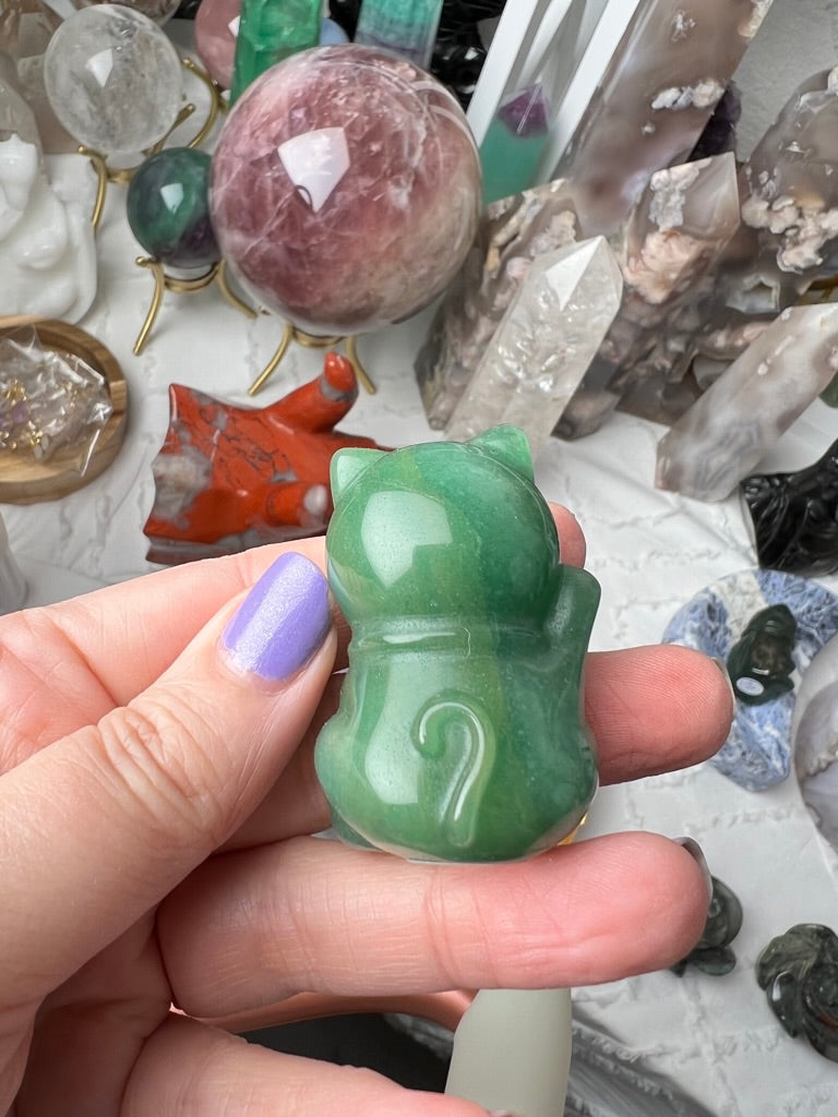 Crystal Lucky Cat Carving | Green Aventurine & Rose Quartz