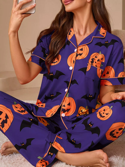 Halloween Pumpkin & Bat Print Button-Down Lounge Set