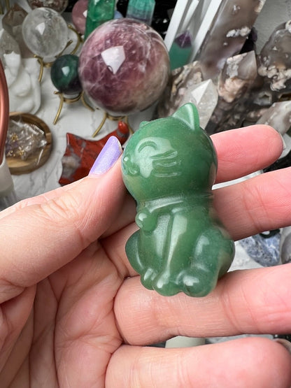 Crystal Lucky Cat Carving | Green Aventurine & Rose Quartz