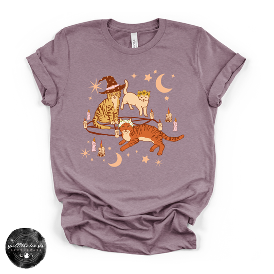 Cat Coven Cat Witch Tee | Witchy Cat Lover Graphic T-Shirt – Heather Purple