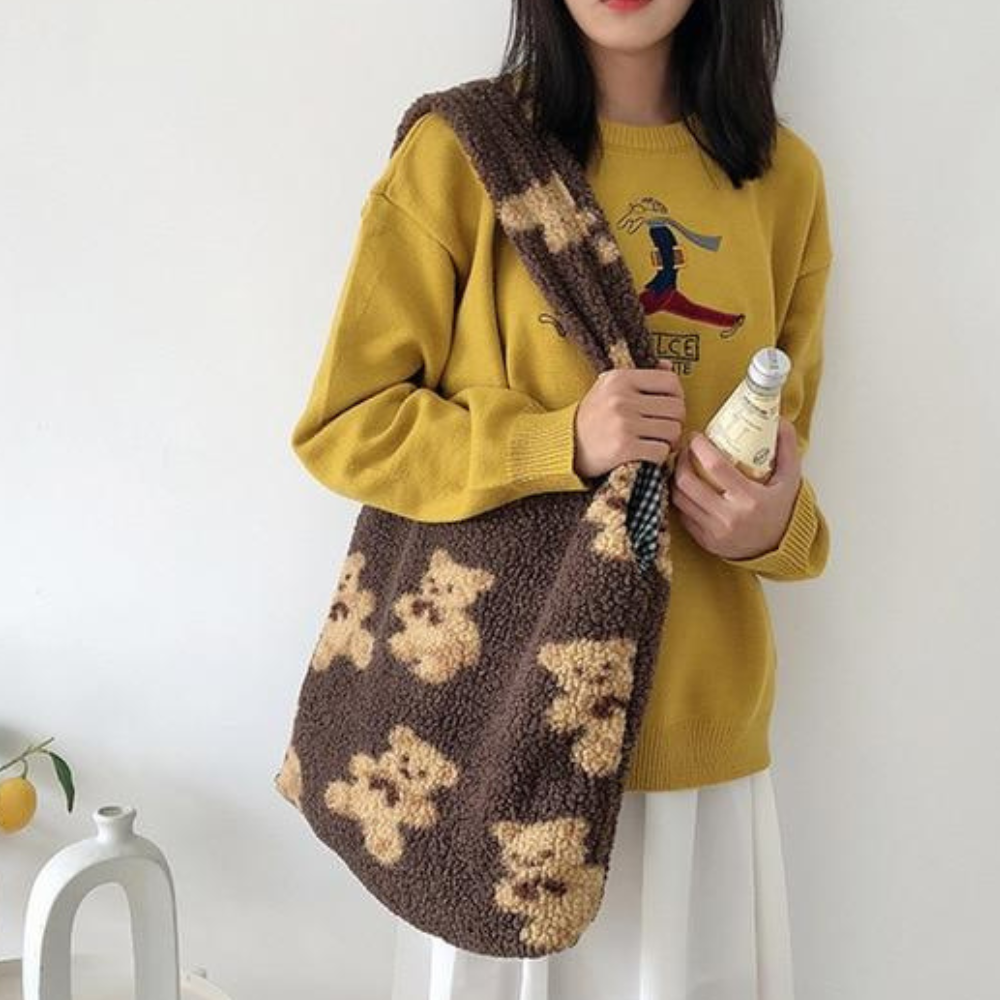 Teddy Bear Tote Bag - Fuzzy Plush Shoulder Bag – Brown