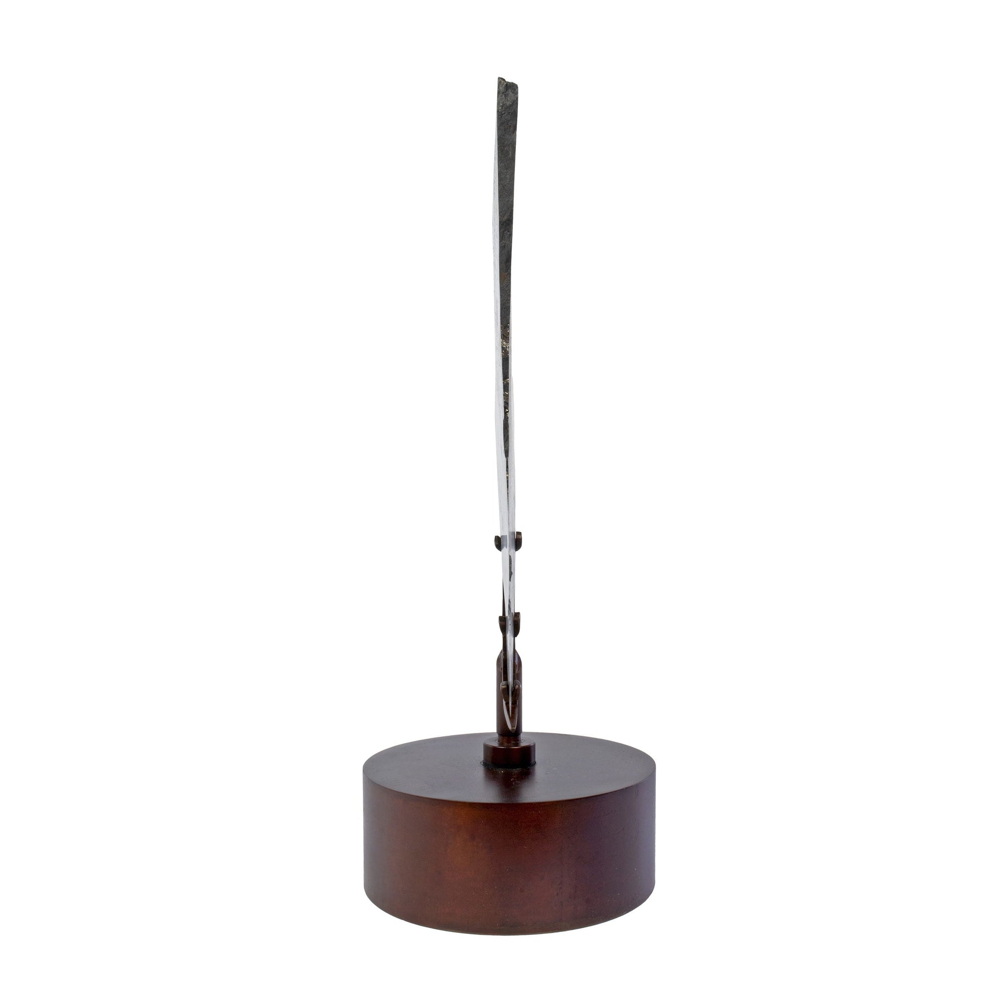 Muonionalusta Meteorite Slice with Troilite Inclusion on Steel Spinner Stand –