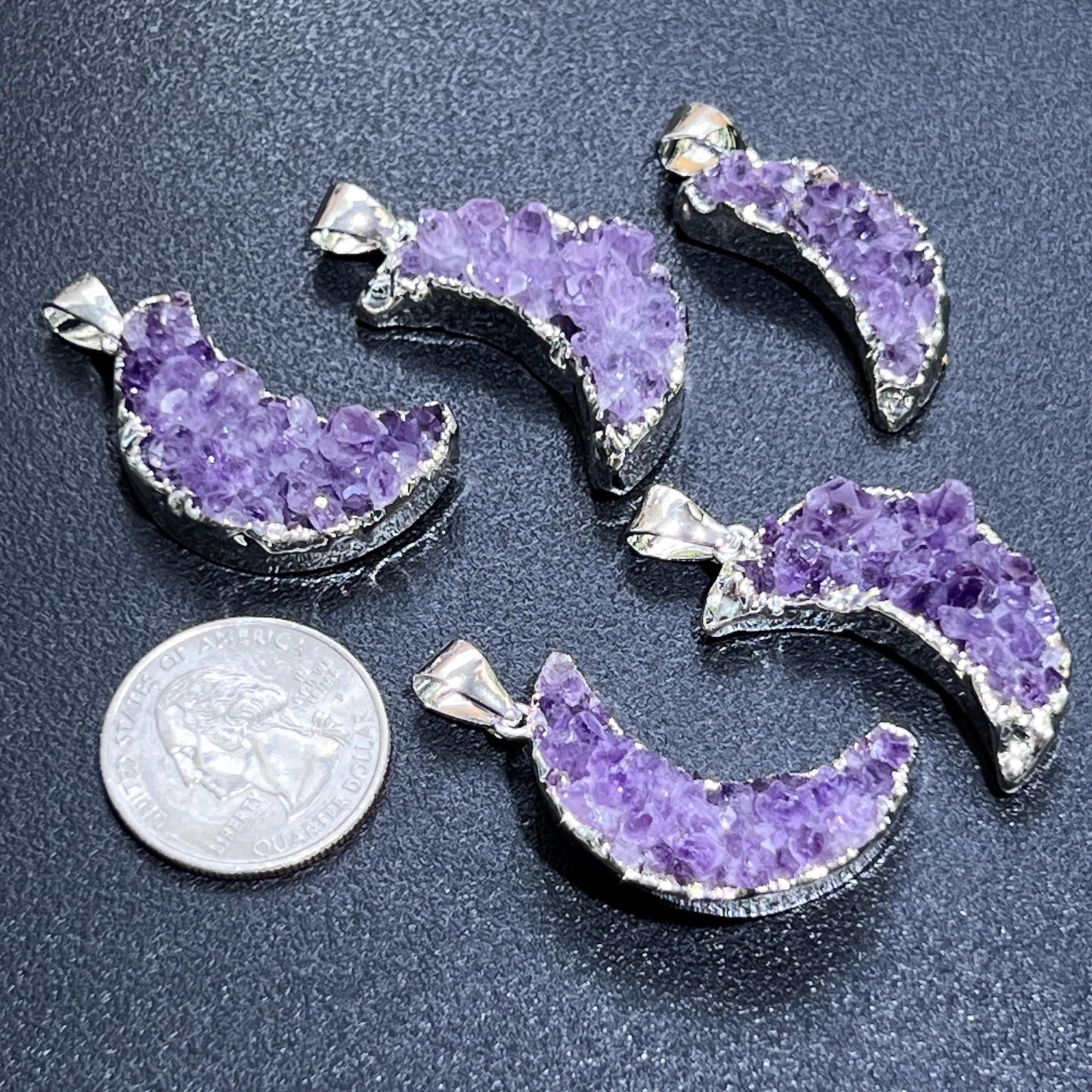 Crescent Moon Pendants, Amethyst Druzy - (Silver Plated)