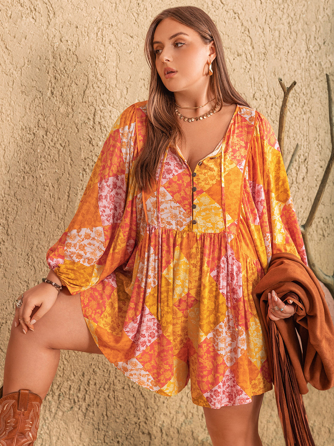 Floral Tie Neck Balloon Sleeve Romper –