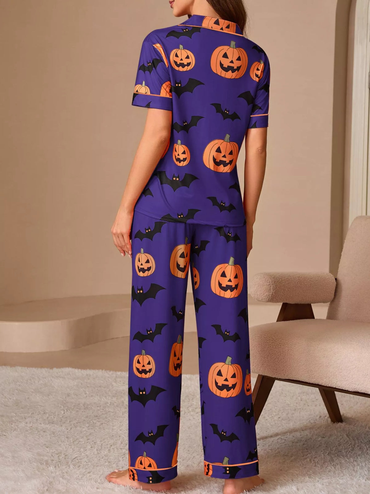 Halloween Pumpkin & Bat Print Button-Down Lounge Set