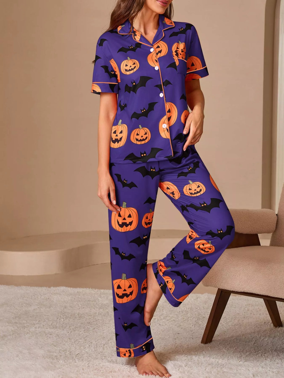 Halloween Pumpkin & Bat Print Button-Down Lounge Set